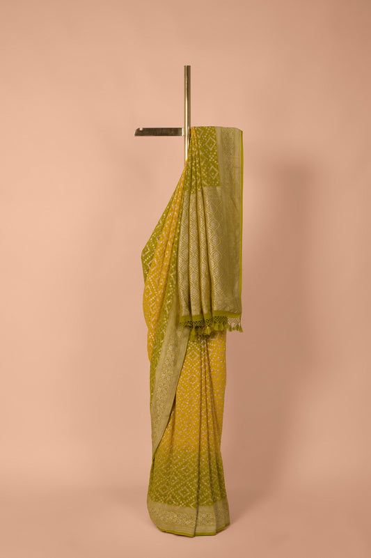 Handwoven Green and Yellow Bandhani Georgette Saree