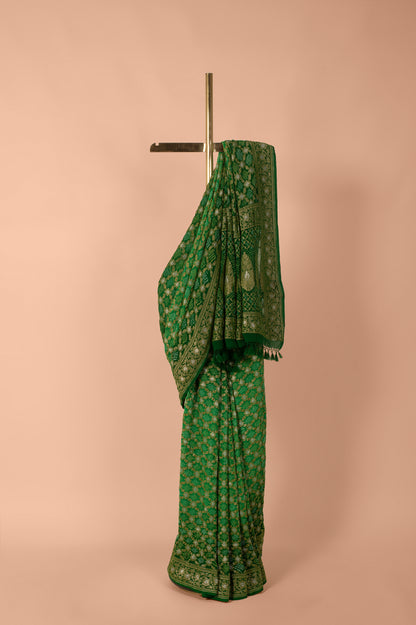 Handwoven Green Bandhani Georgette Saree