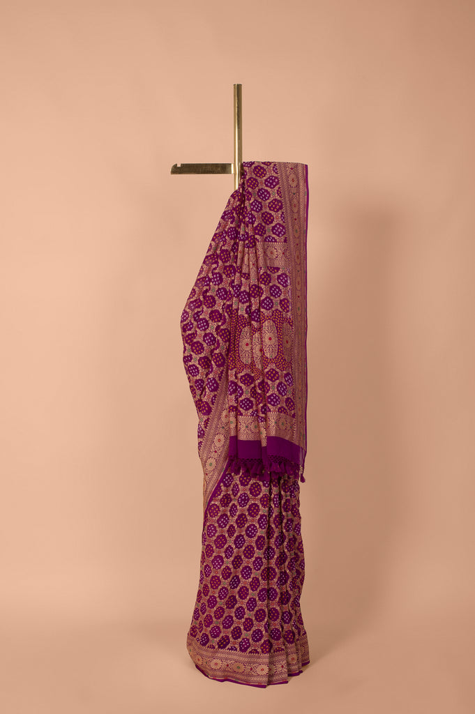 Handwoven Purple Bandhani Georgette Saree
