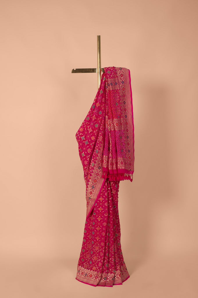 Handwoven Pink Bandhani Georgette Saree