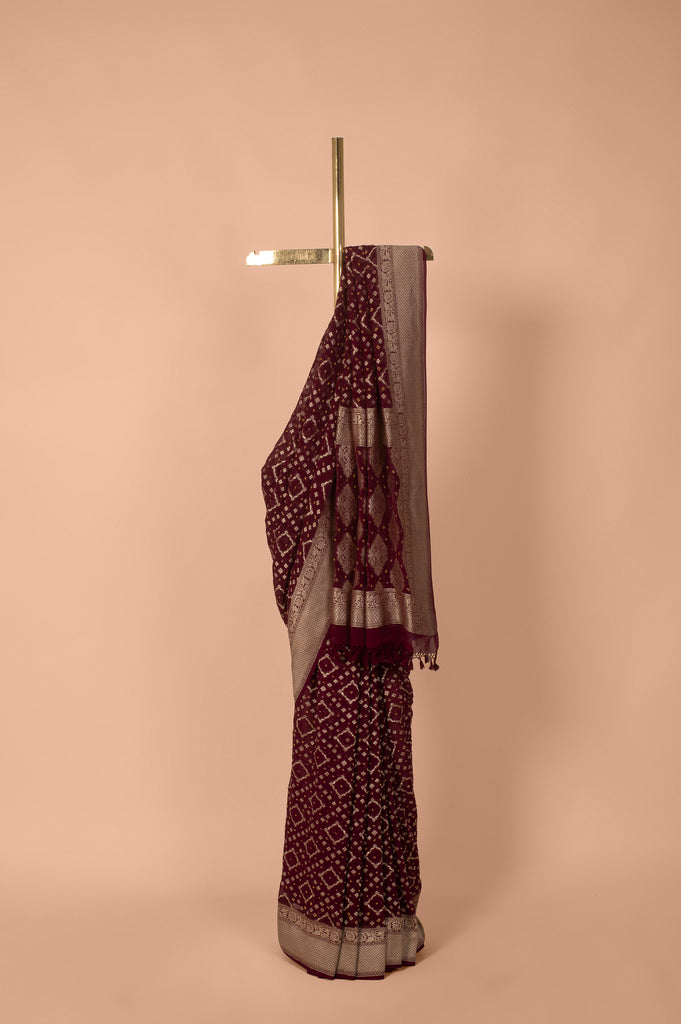 Handwoven Garnet Bandhani Georgette Saree