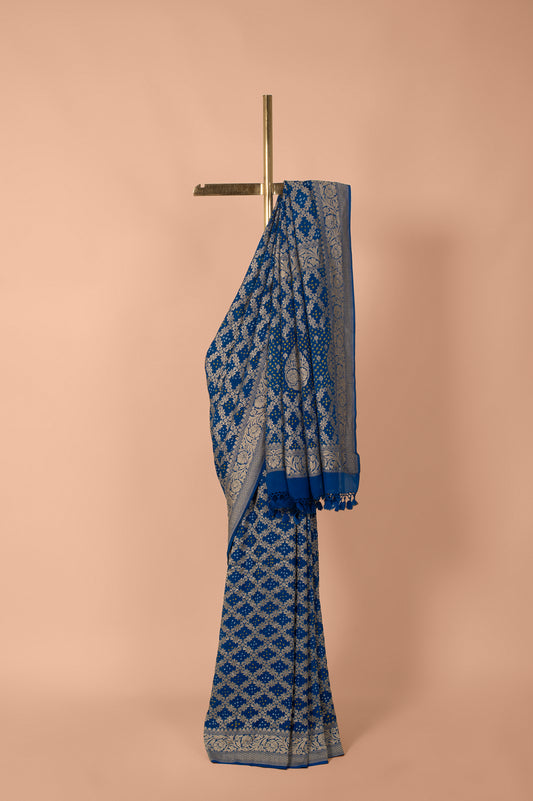 Handwoven Blue Bandhani Georgette Saree