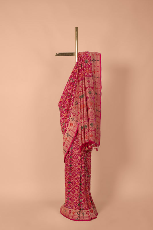 Handwoven Pink Bandhani Georgette Saree