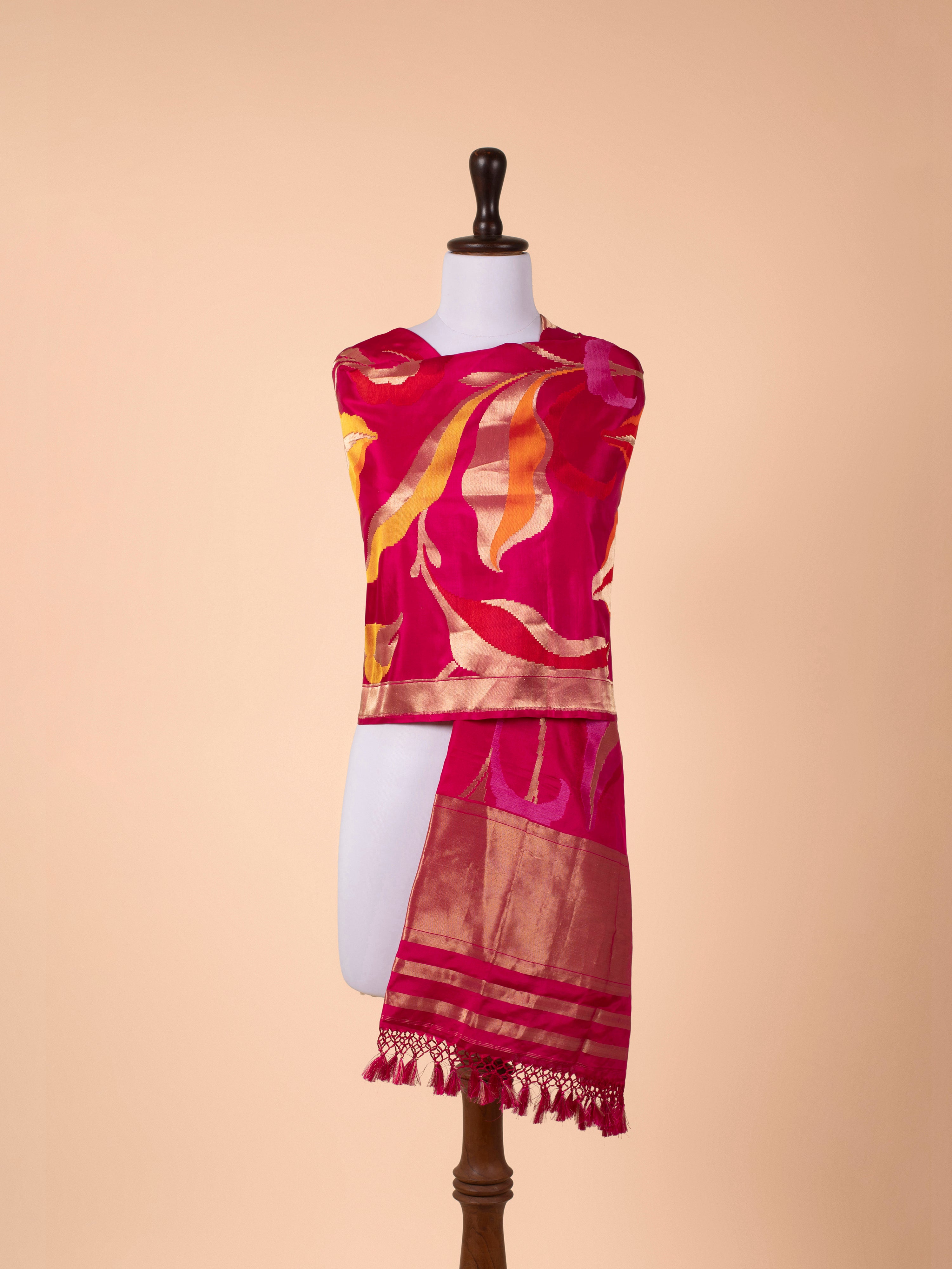 Rani Pink & Gold Shimmer Hand-Woven Patti Katan Silk Dupatta with Meenakari Florals main image 0