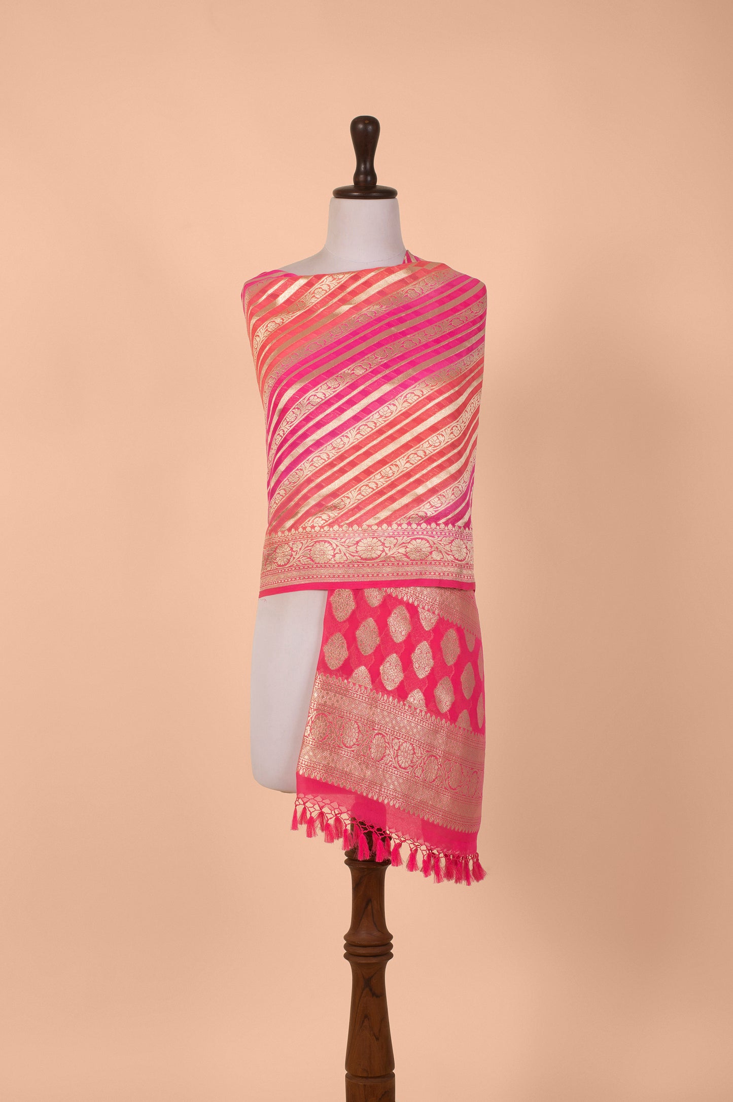 Handwoven Pink and Peach Georgette Dupatta