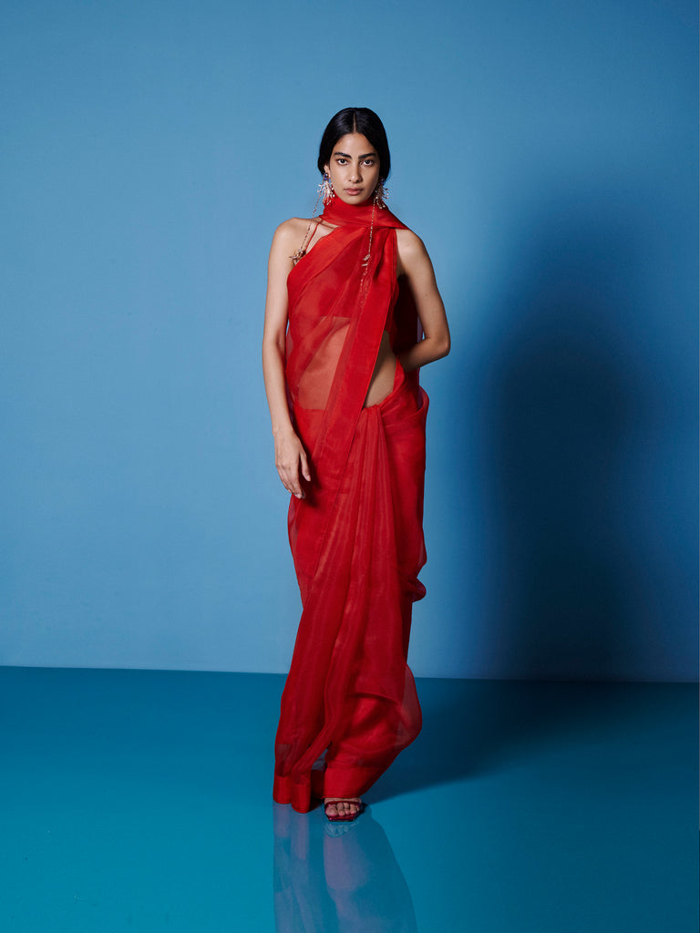 Handwoven Ruby Red Organza Saree