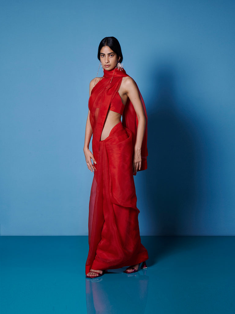 Handwoven Ruby Red Organza Saree