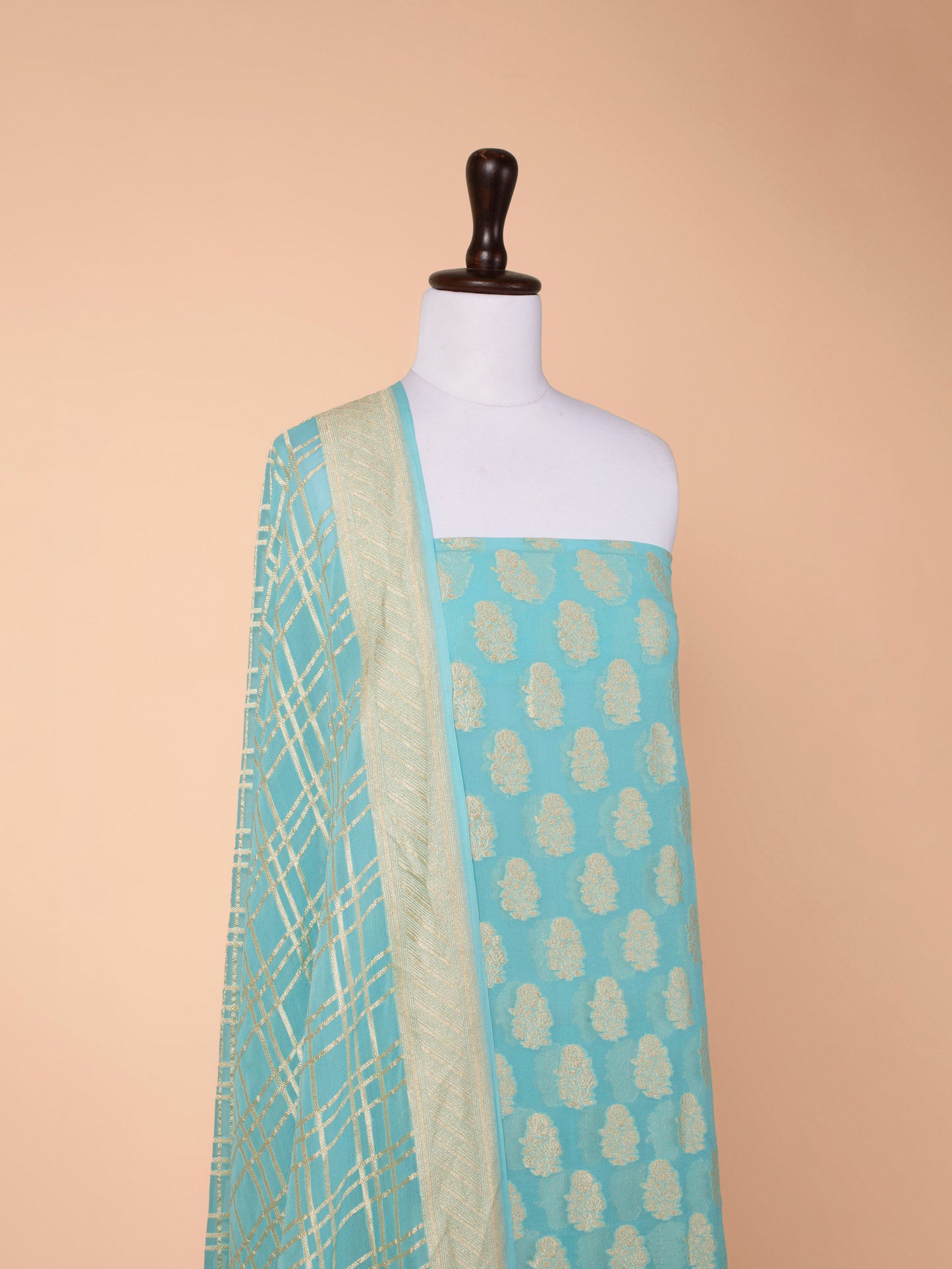 Handwoven Turquoise Blue Georgette Suit Piece