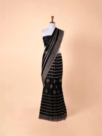 Handwoven Black Satin Silk Saree