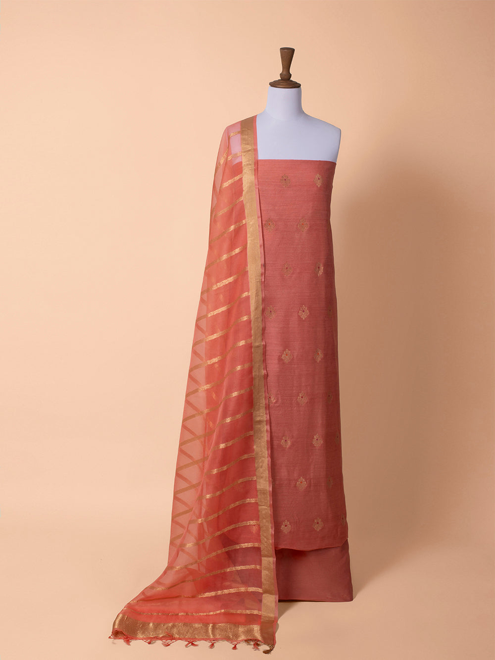 Handwoven Peach Matka Silk Suit Piece