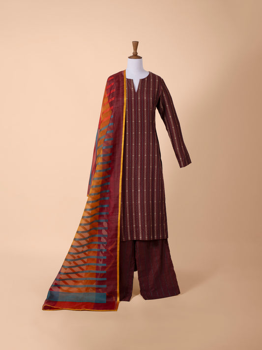 Handwoven Wine Cotton Chanderi Suit Set