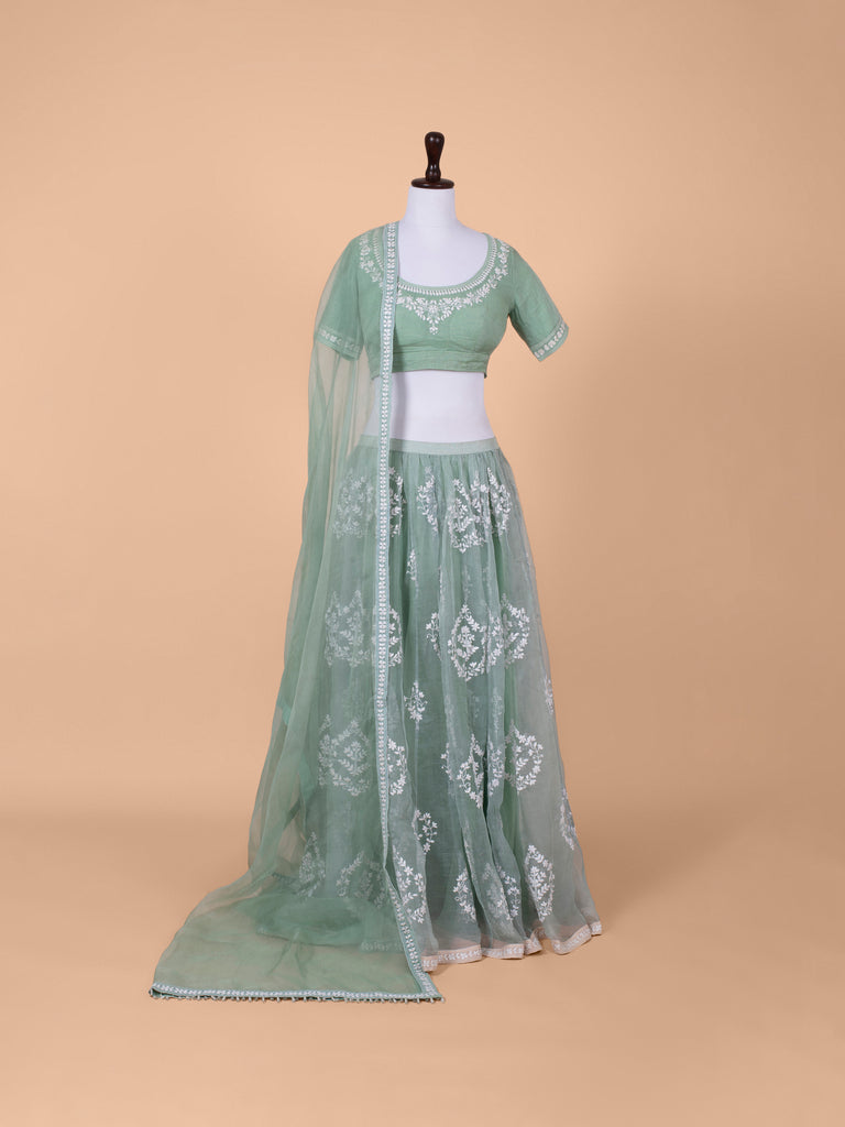 Handwoven Sea Green Chanderi Tissue Lehenga