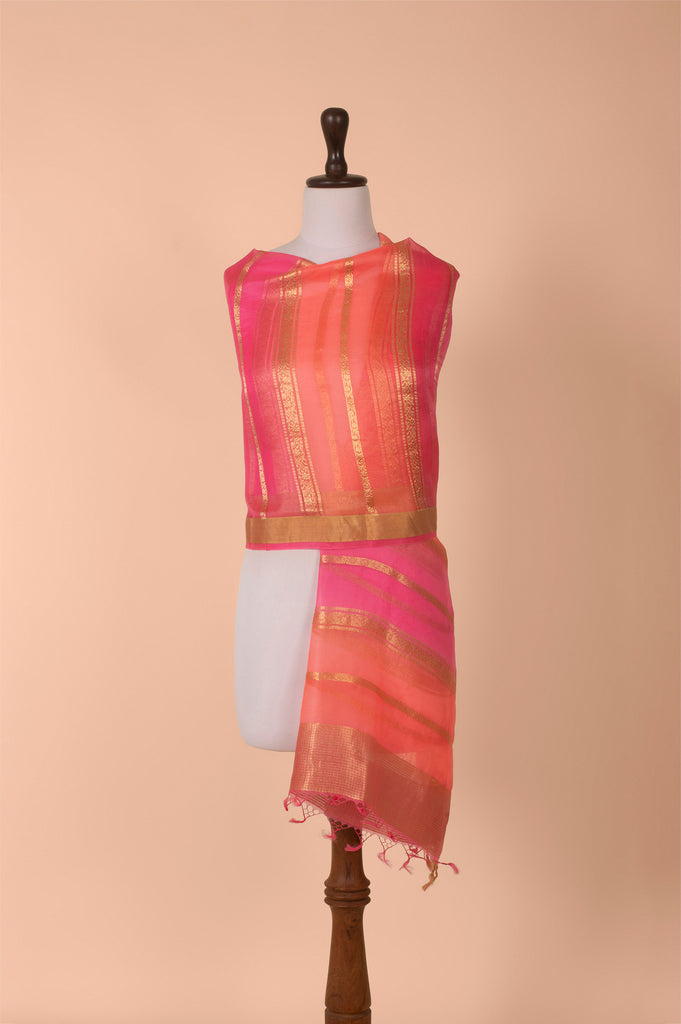 Handwoven Pink and Orange Organza Dupatta
