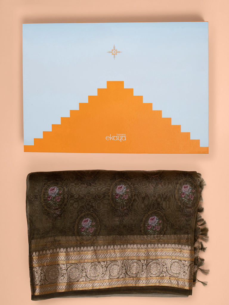 Handwoven Olive Green Digital Printed Organza Saree