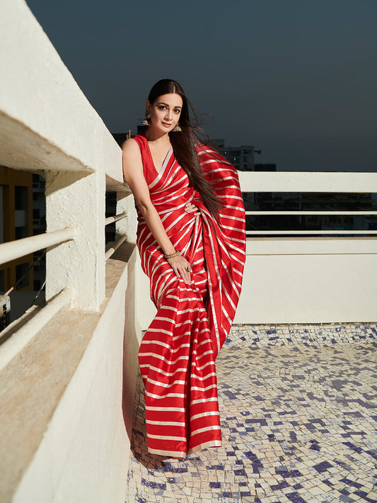 Dia Mirza in Handwoven Red Striped Satin Silk Saree