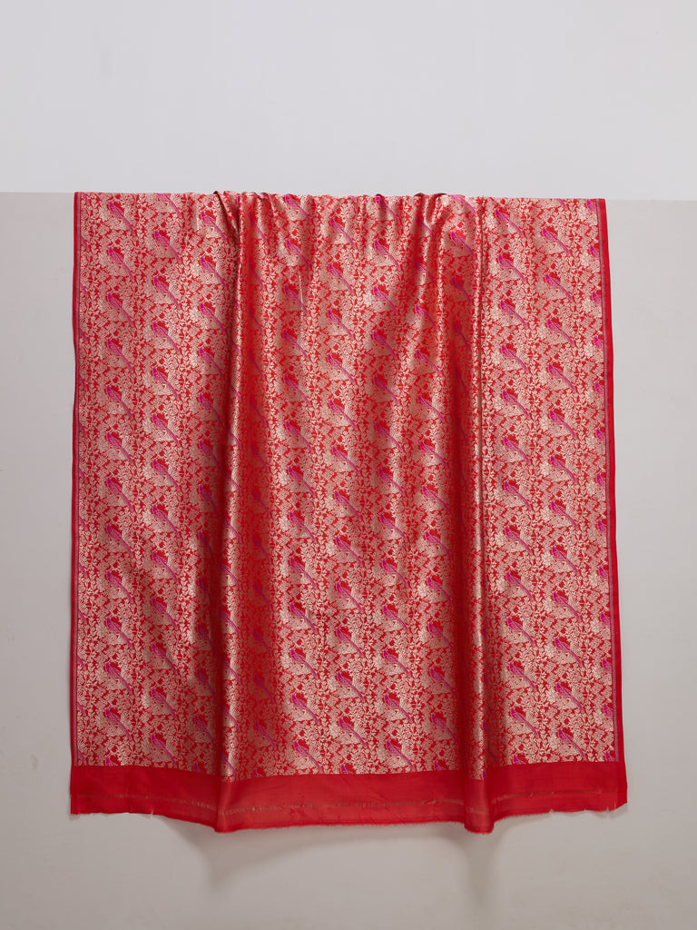 Handwoven Deep Coral Banarasi Silk Fabric