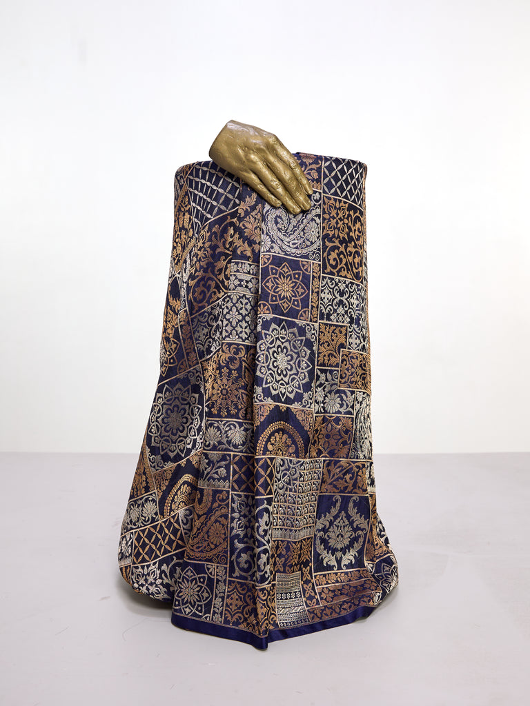 Handwoven Blue & Bronze Banarasi Silk Fabric