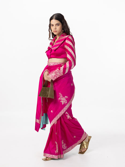 Handwoven Electric Pink Silk Cutwork Banarasi Saree