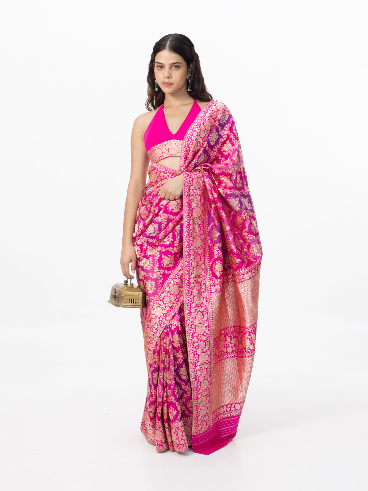 Handwoven Hot Pink Silk Rangkaat Banarasi Saree