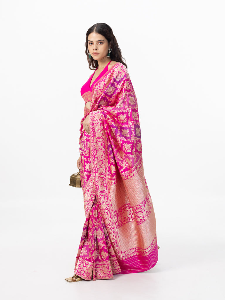 Handwoven Hot Pink Silk Rangkaat Banarasi Saree