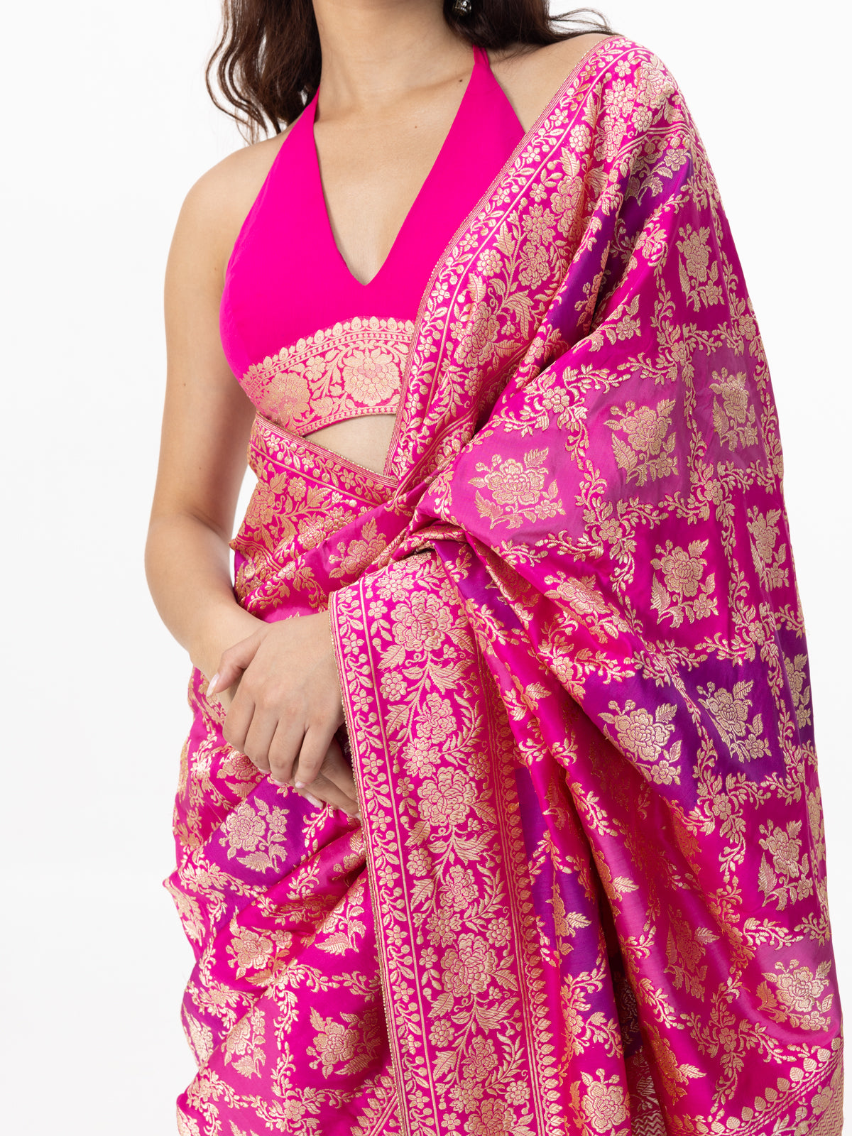 Handwoven Hot Pink Silk Rangkaat Banarasi Saree