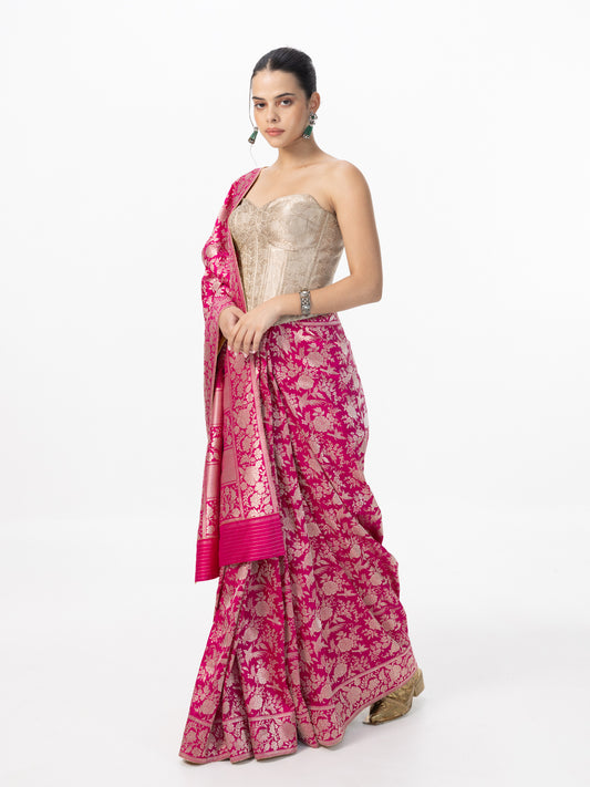 Handwoven Deep Pink Banarasi Emboss Saree