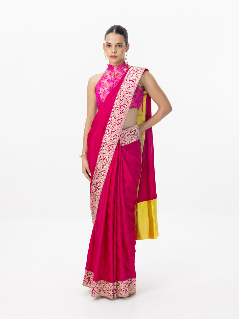 Handwoven Deep Pink Satin Tanchoi Banarasi Saree