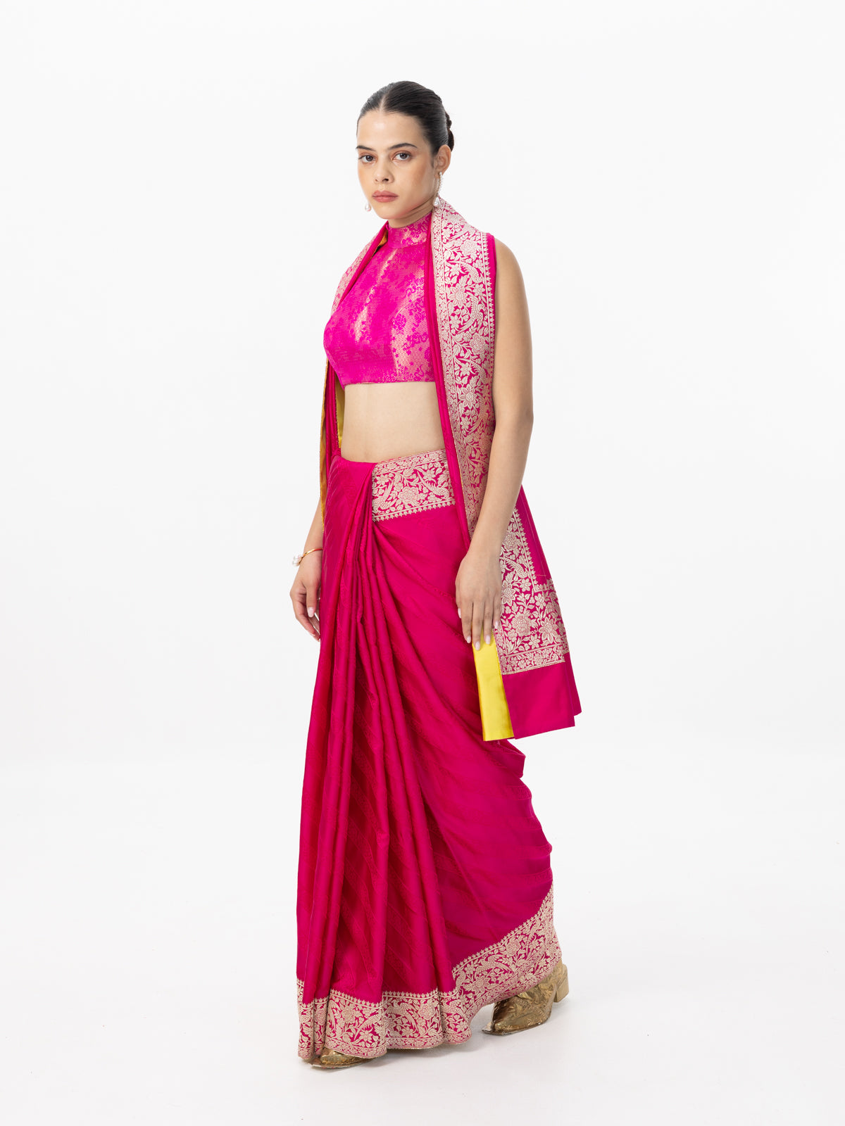 Handwoven Deep Pink Satin Tanchoi Banarasi Saree