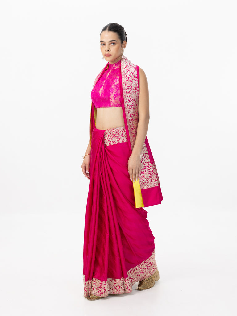 Handwoven Deep Pink Satin Tanchoi Banarasi Saree