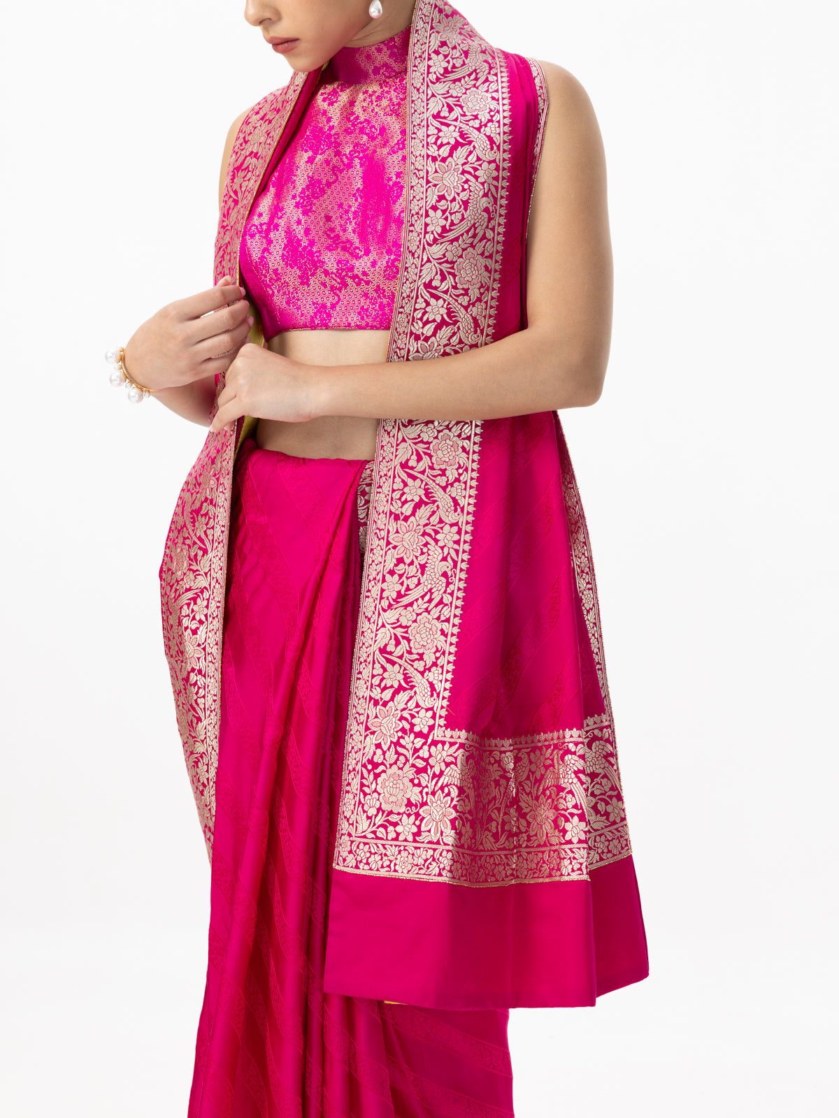 Handwoven Deep Pink Satin Tanchoi Banarasi Saree