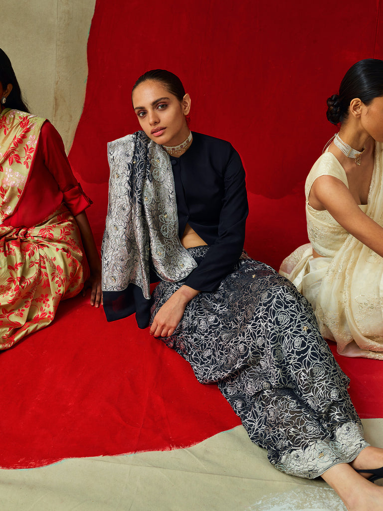 Handwoven Black Chiffon Embossed Saree