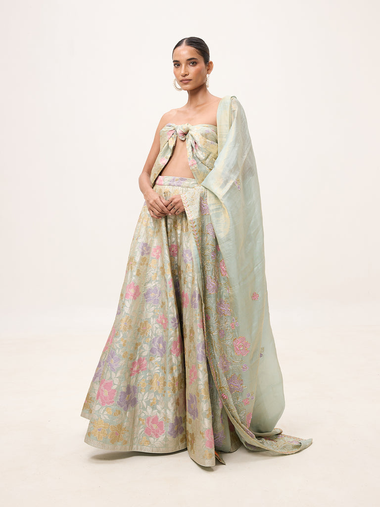 Handwoven Turquoise Tissue Lehenga Set