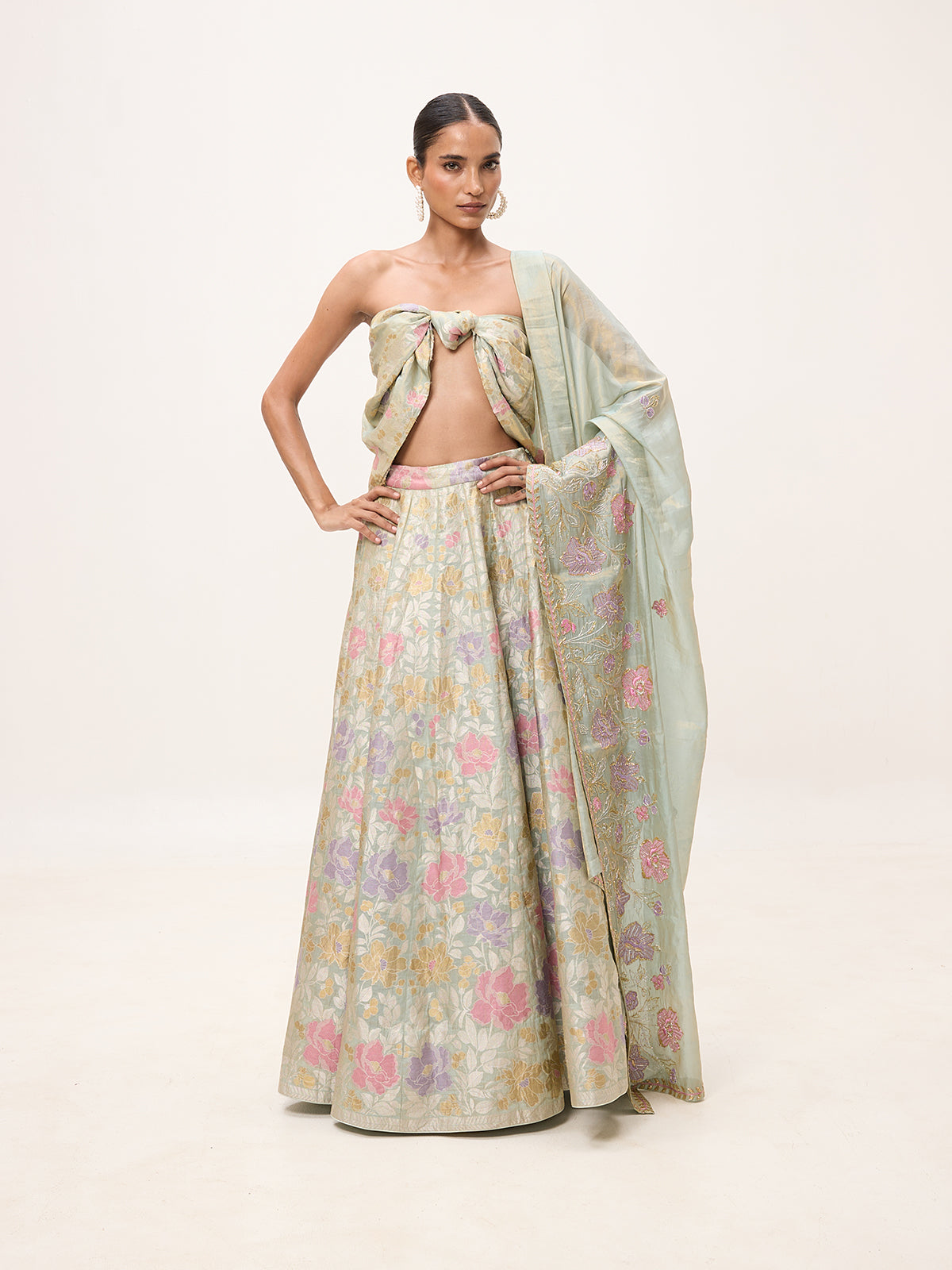 Handwoven Turquoise Tissue Lehenga Set