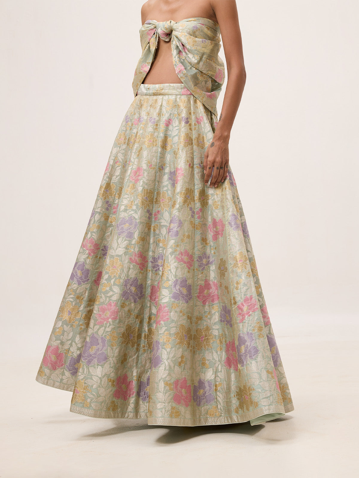 Handwoven Turquoise Tissue Lehenga Set
