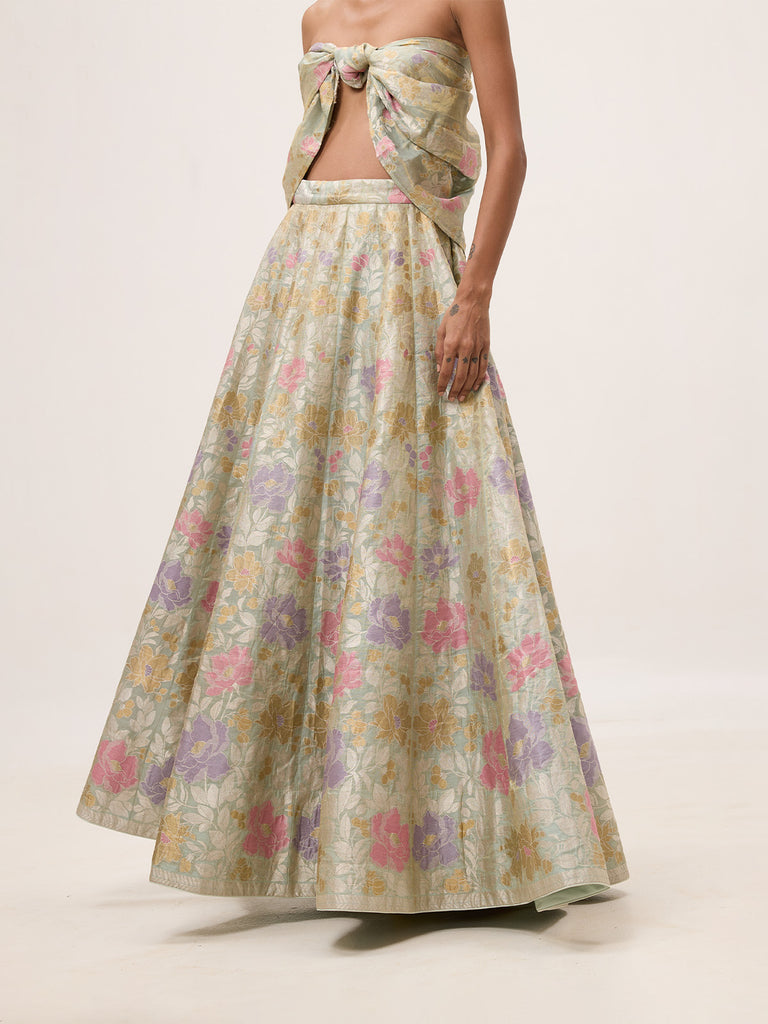 Handwoven Turquoise Tissue Lehenga Set
