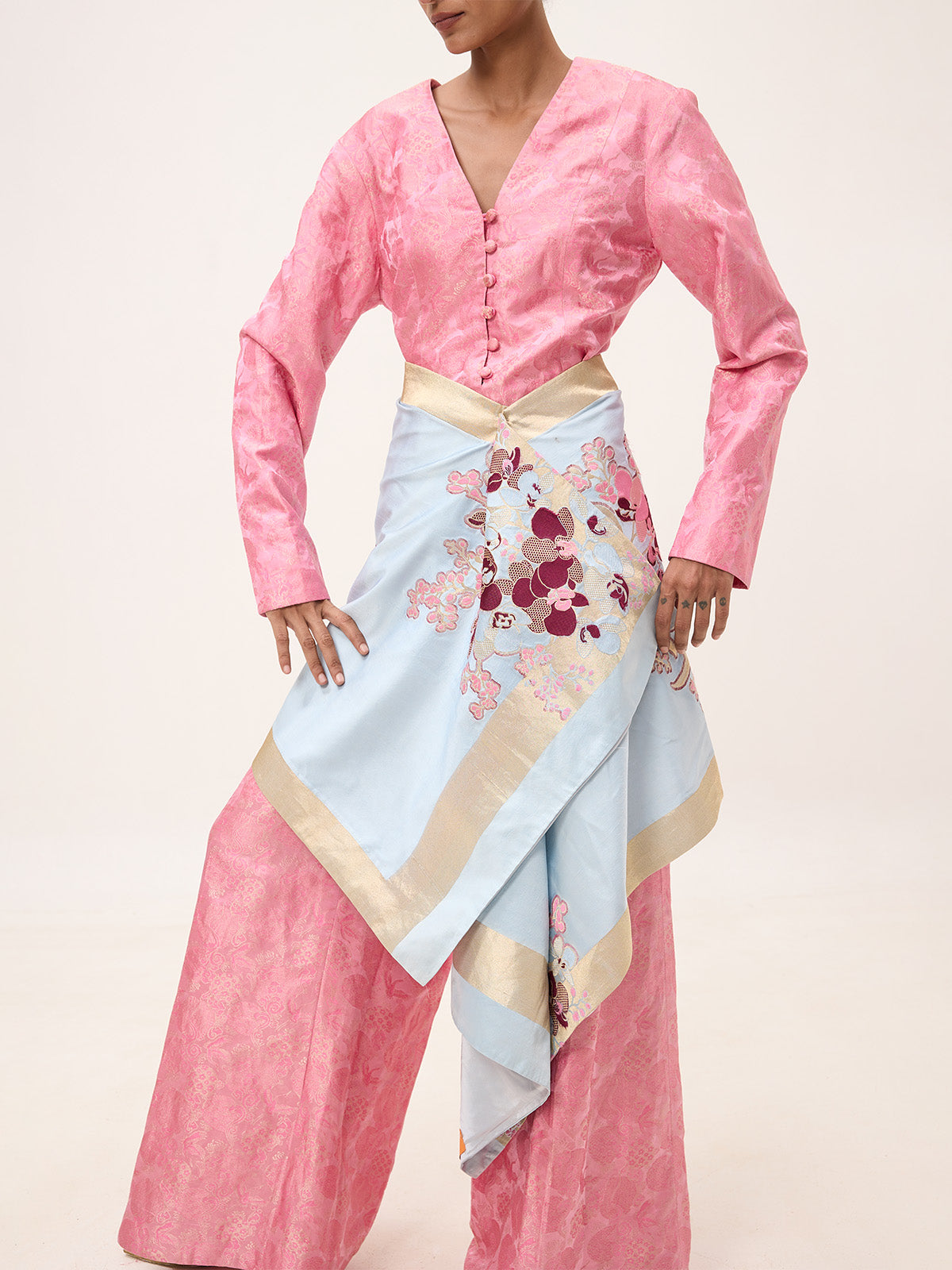 Handwoven Ice Blue Silk Banarasi Shawl