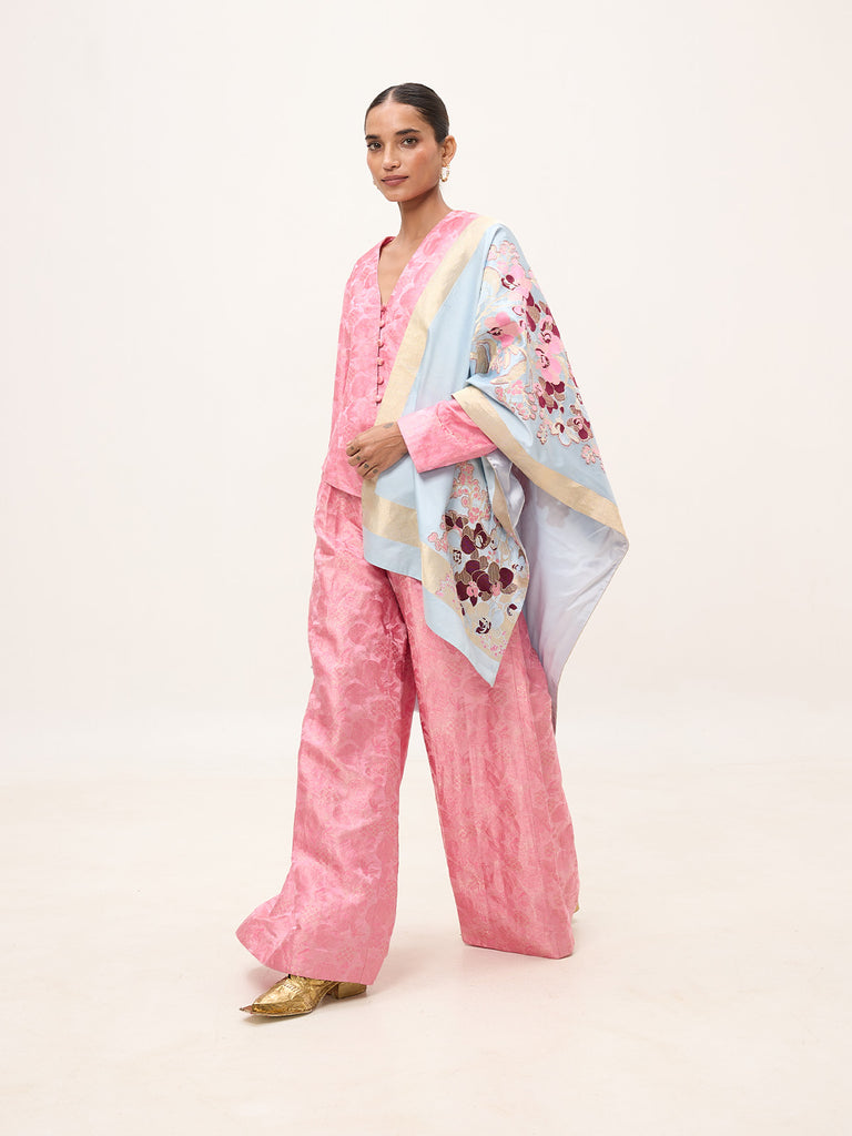 Handwoven Ice Blue Silk Banarasi Shawl