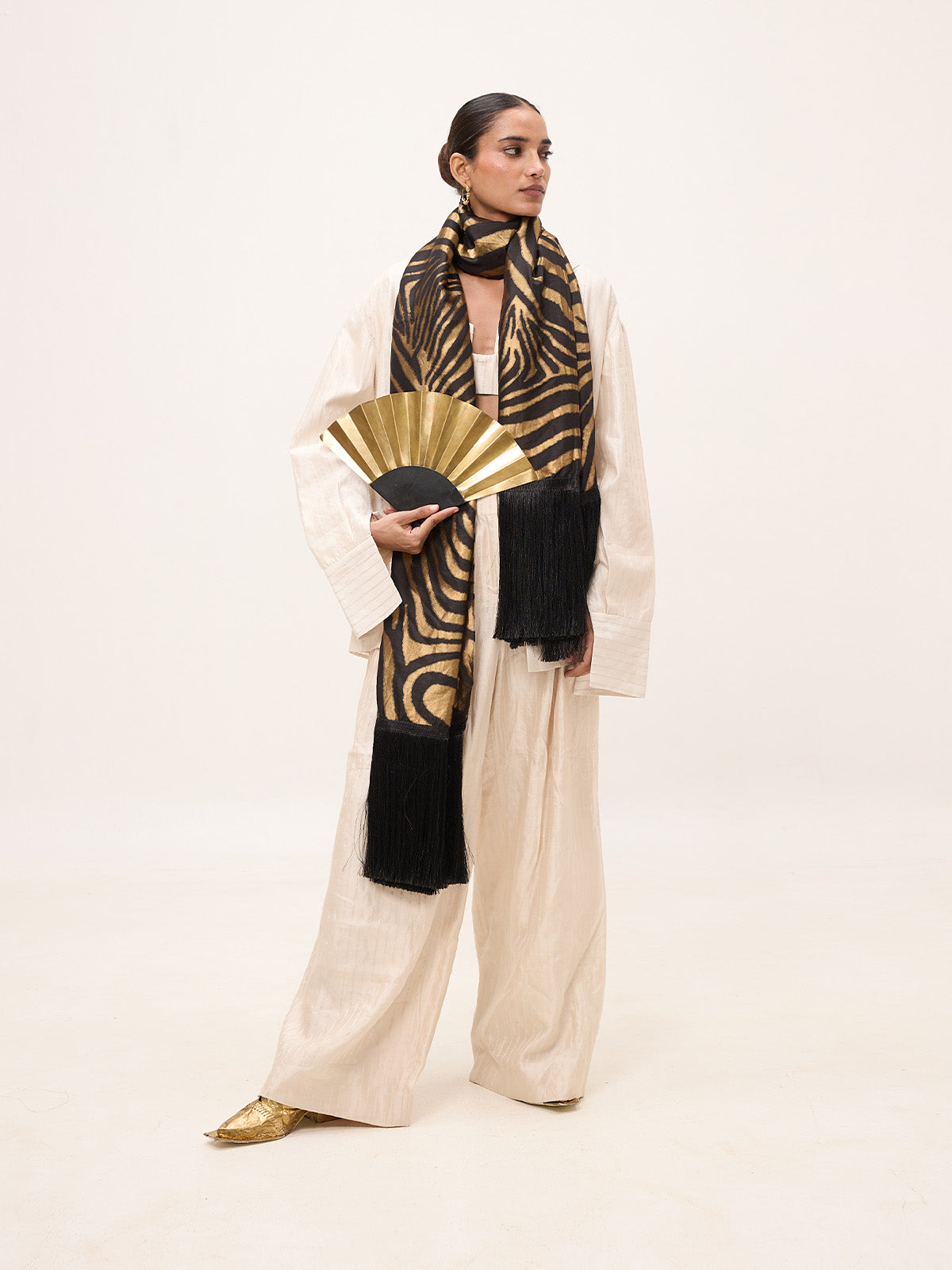 Handwoven Champagne & Black Silk Scarf