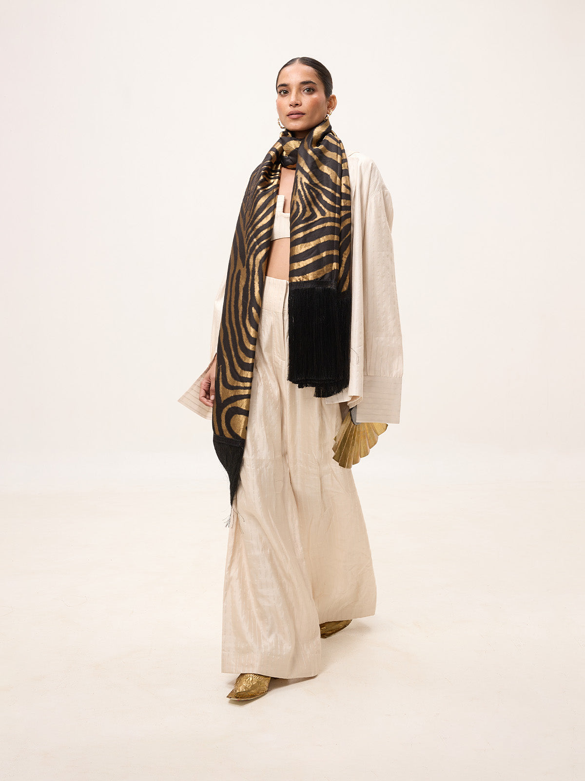 Handwoven Champagne & Black Silk Scarf