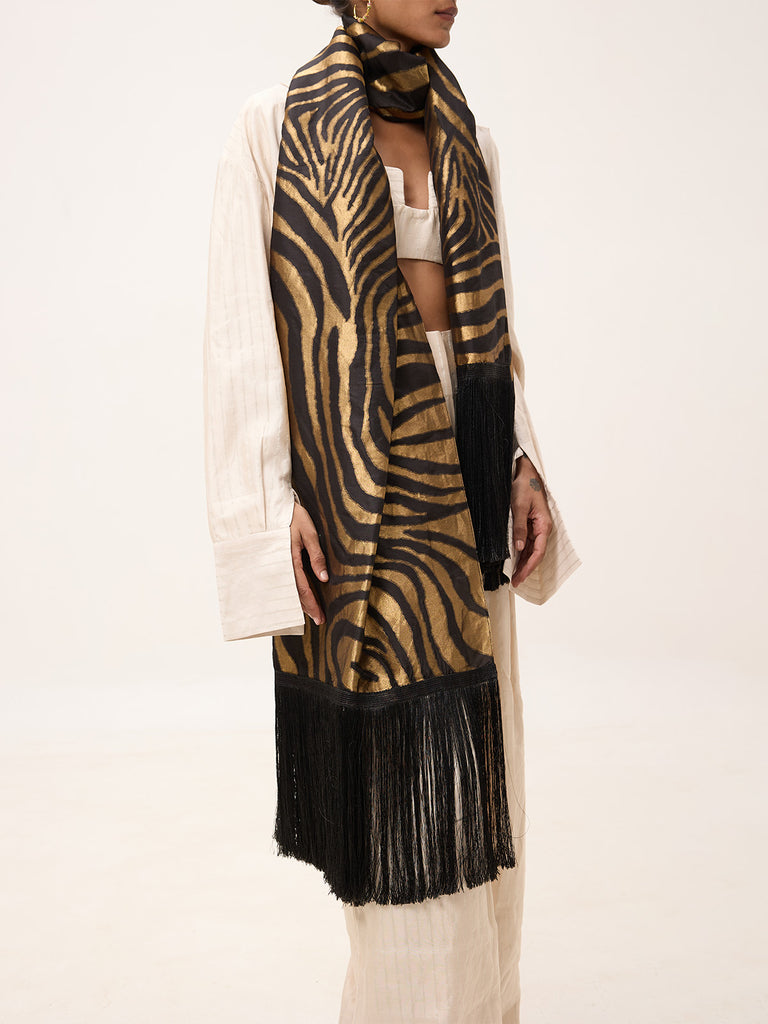 Handwoven Champagne & Black Silk Scarf