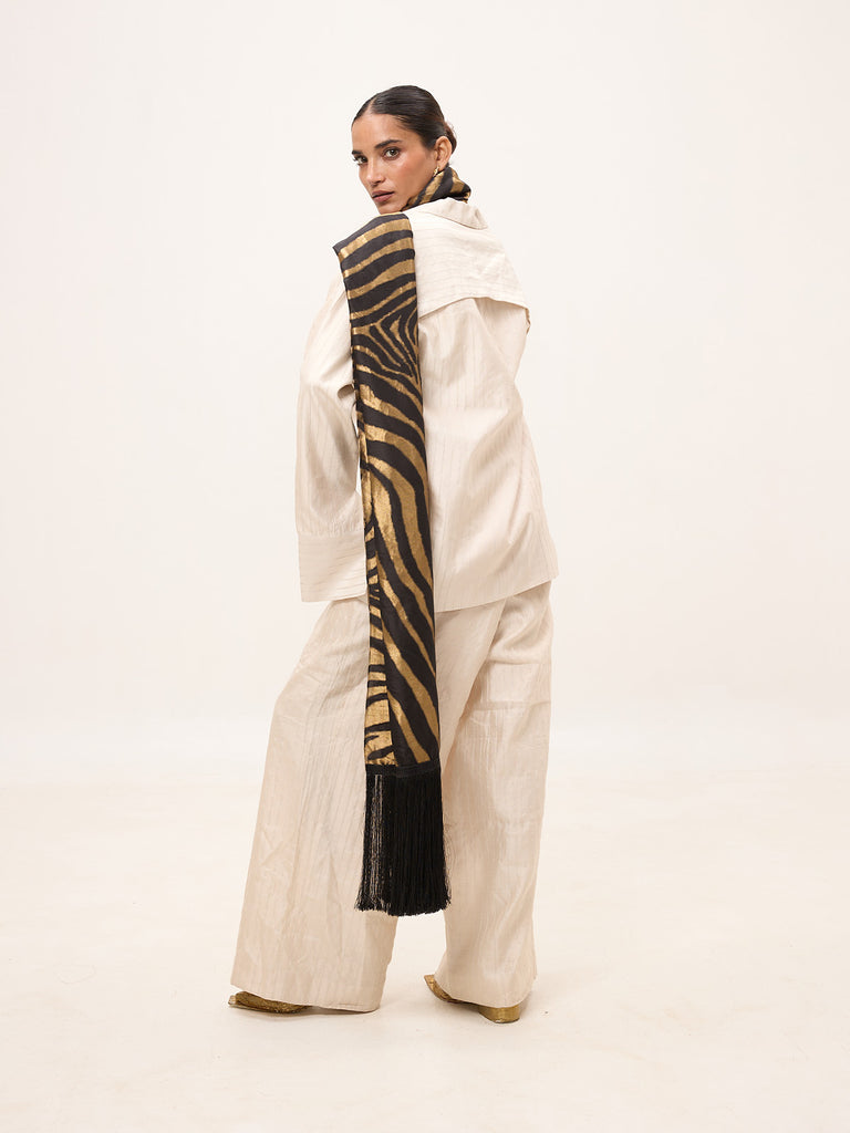 Handwoven Champagne & Black Silk Scarf