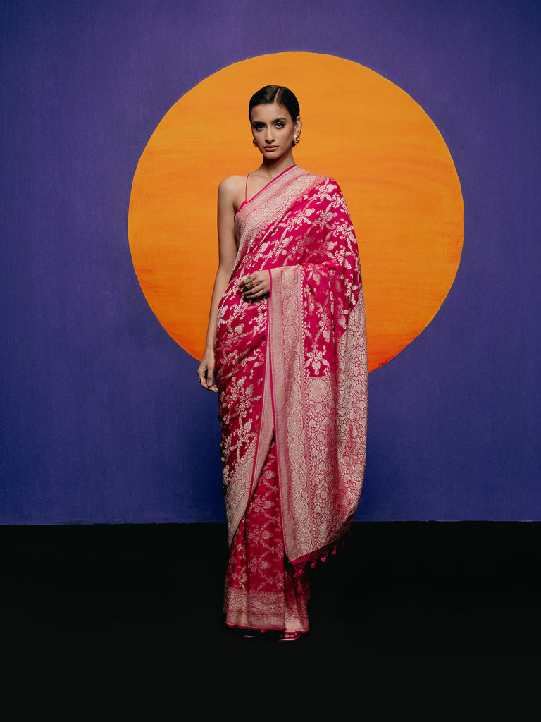 Handwoven Cerise Pink Georgette Saree