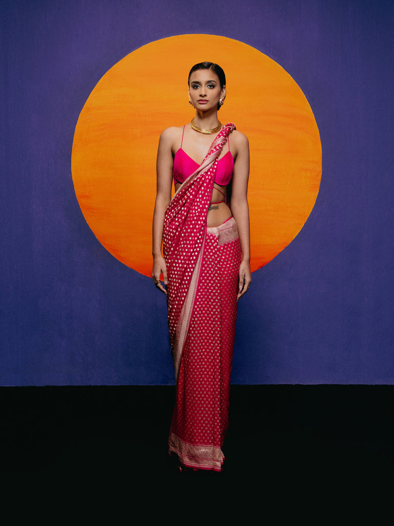 Handwoven Ruby Pink Georgette Saree