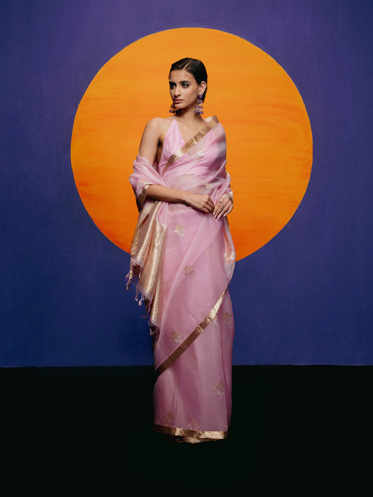 Handwoven Candy Floss Pink Organza Saree