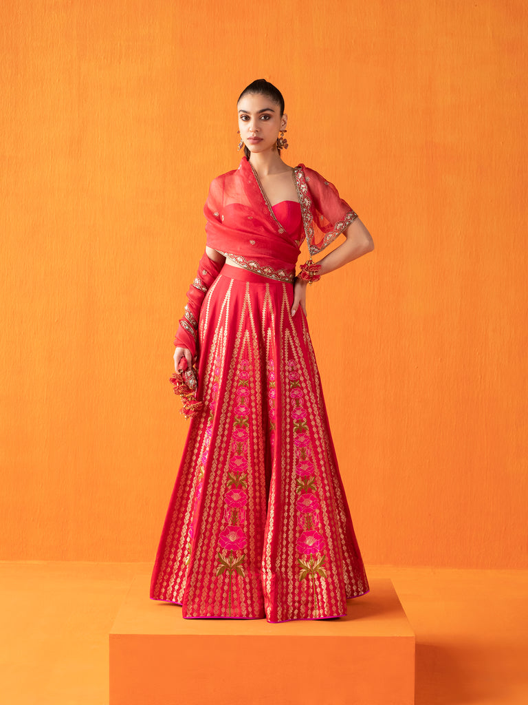 Handwoven Red Silk Lehenga