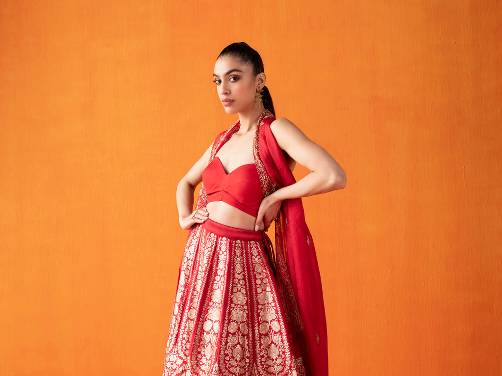 Handwoven Red Silk Lehenga