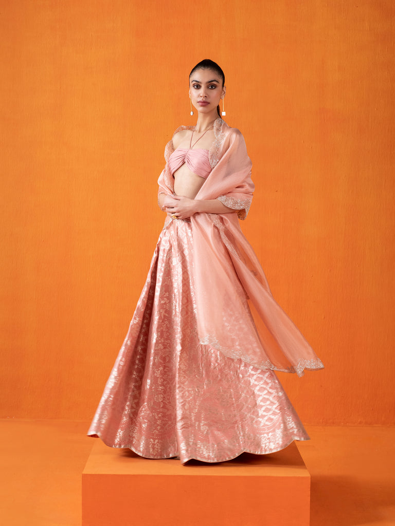 Handwoven Peach Silk Lehenga
