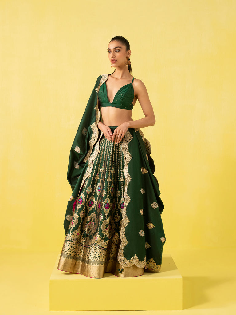 Handwoven Green Silk Lehenga
