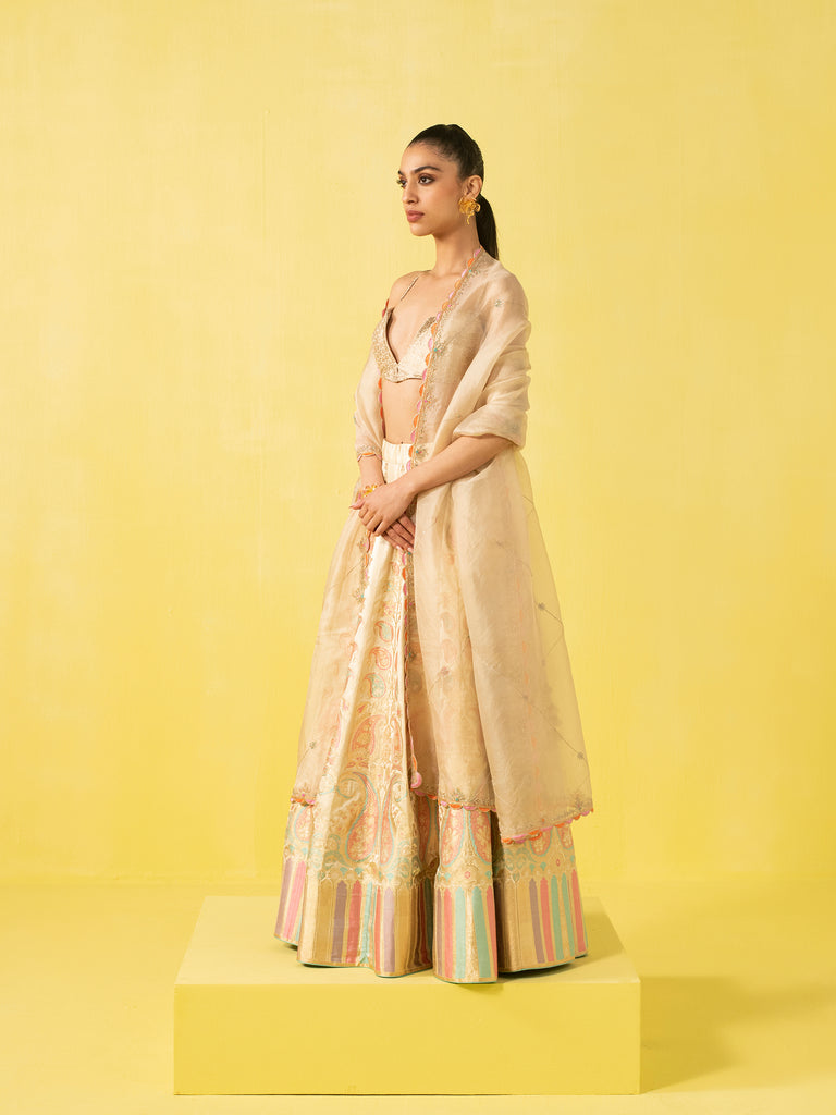 Handwoven Off White Silk Lehenga
