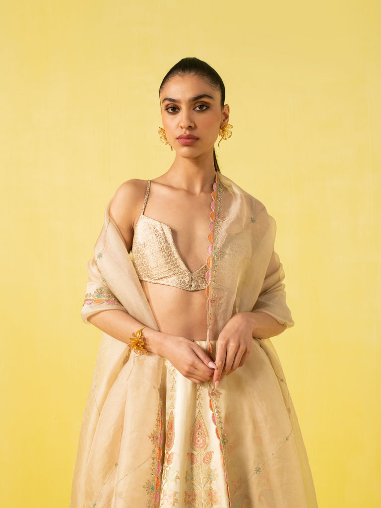 Handwoven Off White Silk Lehenga